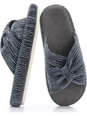 Women's Grey Memory Foam House Corduroy Bow Crossbands Comfy Fit Slipper Shoes